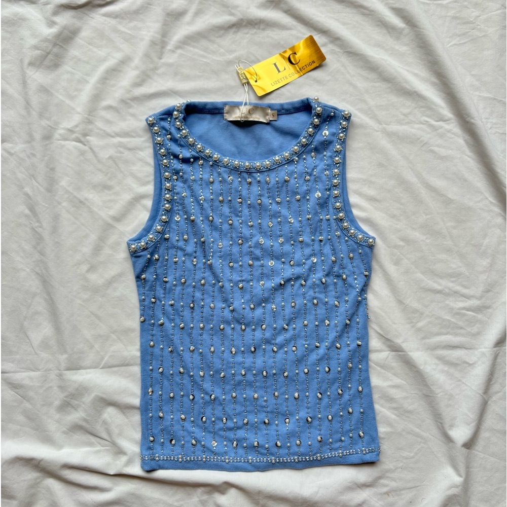 no comment from macy’s blue pearl sequin bead ribbed tank top